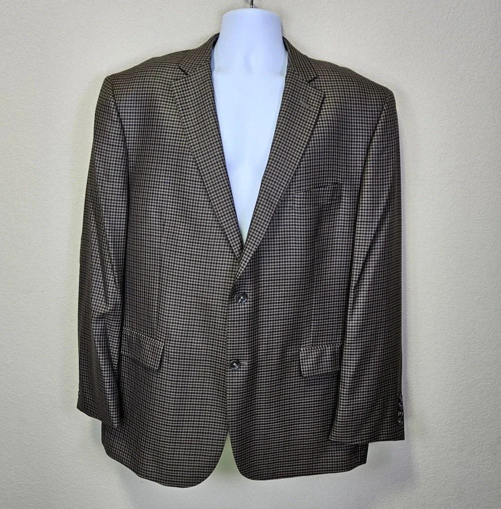 Jos A Bank Blazer Mens 48L Tailored Fit Signature Wool Silk Check Brown Black